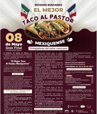 Edomex busca al mejor taco al pastor y premio será un viaje a París Participa en la búsqueda del mejor taco al pastor en Edomex. El ganador podrá viajar a París, una experiencia única.